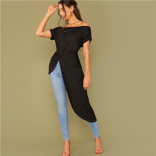 Model wearing off-shoulder twist hem Bardot top – flattering fit and drape