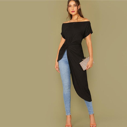 Black off-shoulder Bardot top with twist front and asymmetrical hem