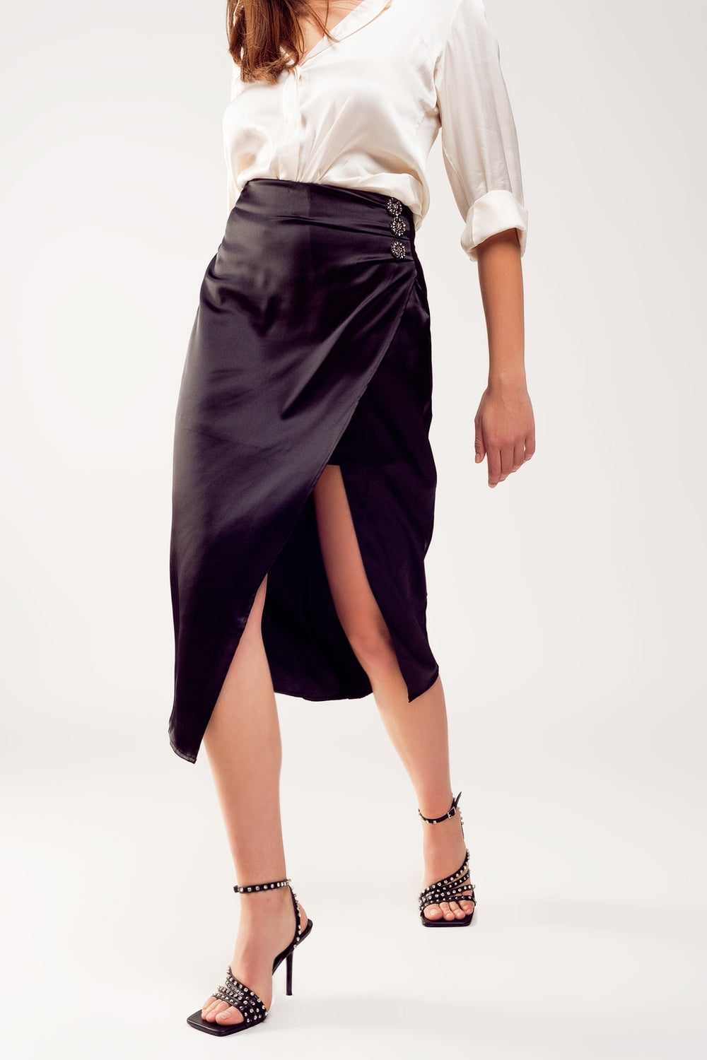 Black satin split front midi skirt with bodycon fit and thigh split”