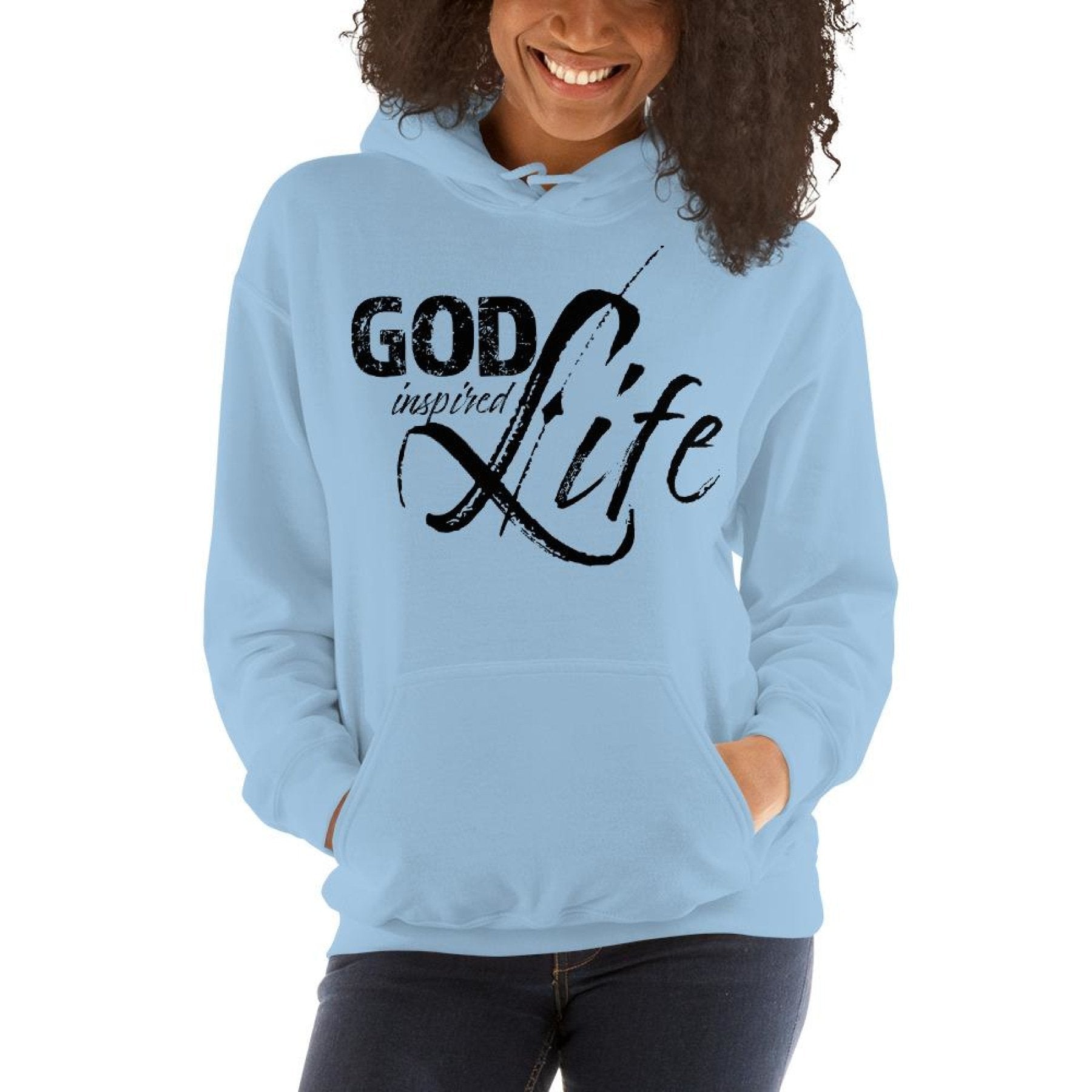 Women's Black Hoodie with "God Inspired Life" Design – Front View