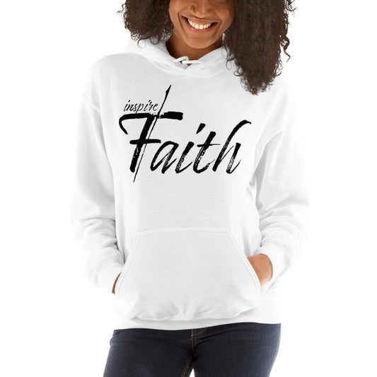 Black Inspire Faith hoodie front view on hanger