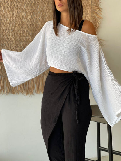 Lightweight sustainable pants styled with a casual top